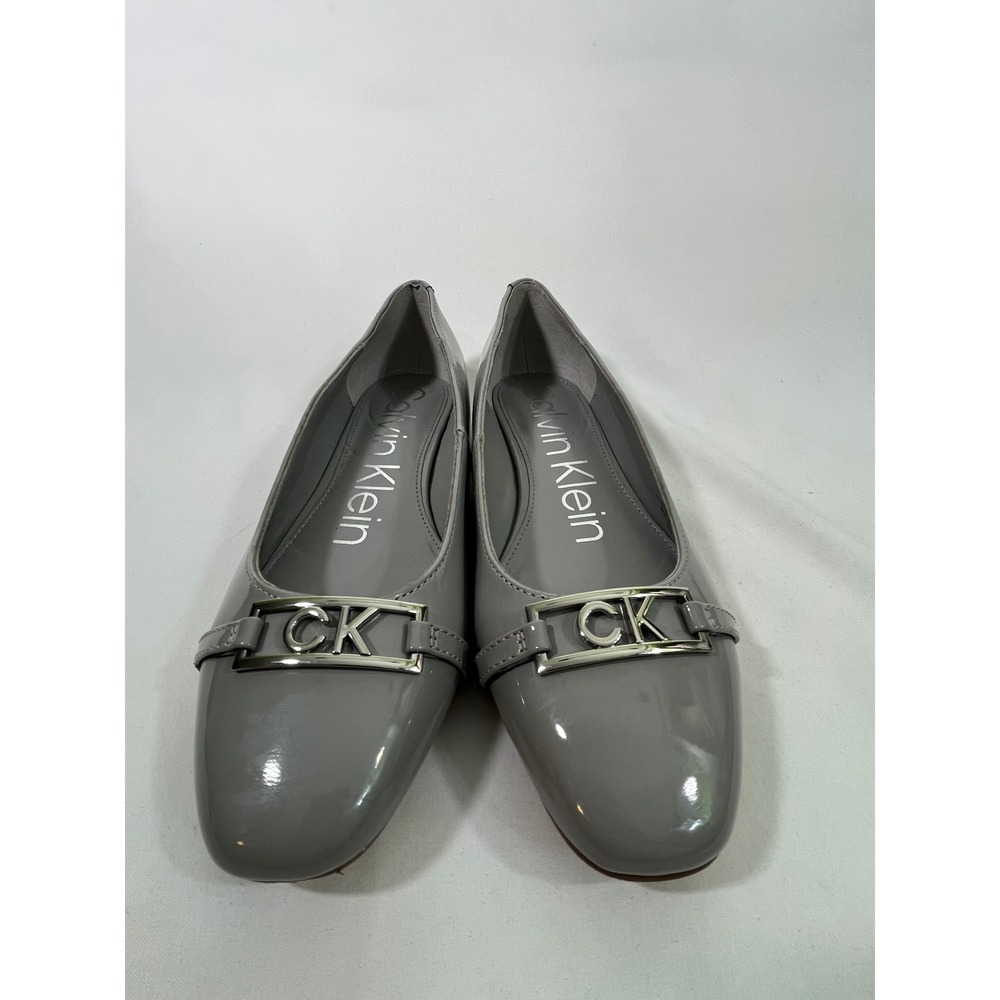 Calvin Klein Women Patent Leather Ballet Flats Silver CK Logo Buckle Gray Size 8